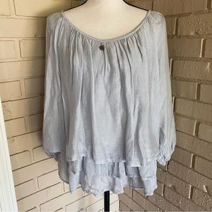 TEMPO PARIS Gray Sheer Scoop Neck Peasant Layered Tunic Blouse Top Size Small S